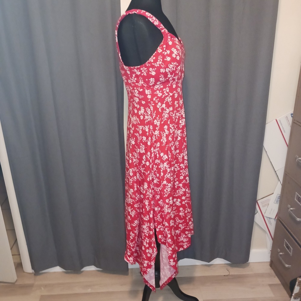 Red Floral Print Smocked Bodice Midi Tank Dress Asymmetrical Hankercheif Hem L - Picture 3 of 9